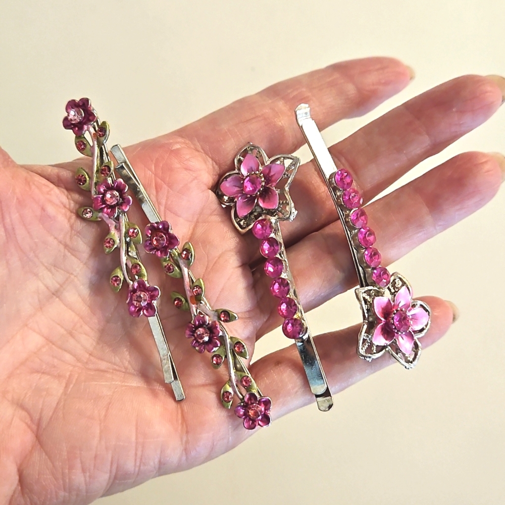 4 Pc. pink floral. Rhinestones hair pins Special Occasion Bun Braid Prom Party - Picture 3 of 5